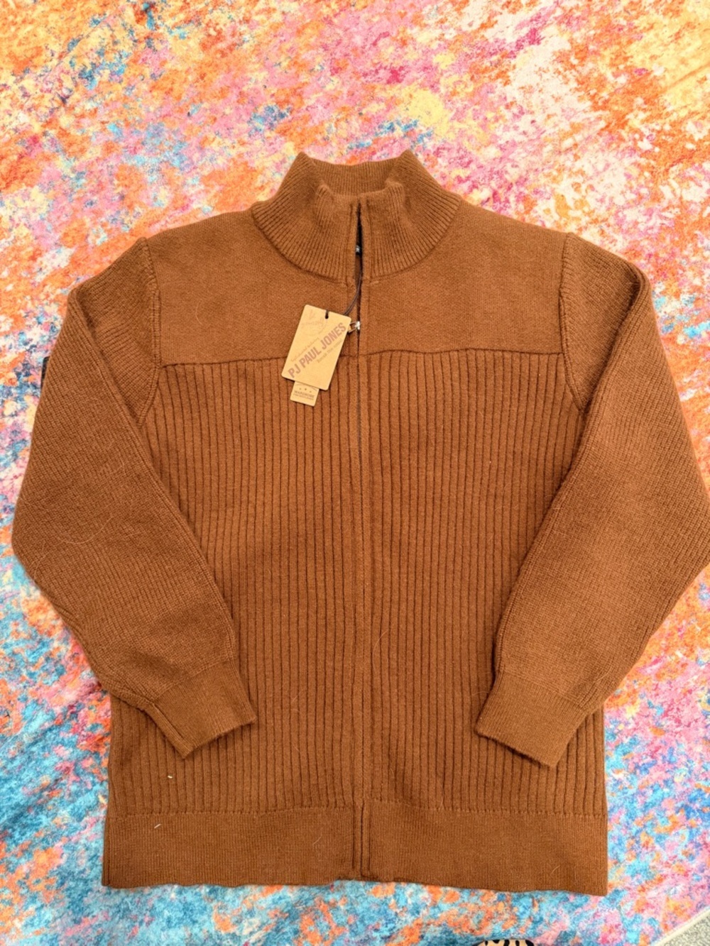 NWT PJ Paul Jones Men’s Brown Ribbed Full Zip Mock Neck Sweater Jacket